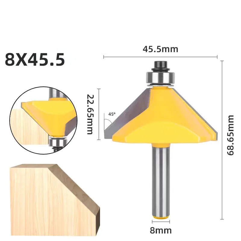 1pc 8/12mm 1/2 Shank 45 Degree Chamfer Bevel Edging Router Bit Dia44.5mm Carbide Tipped Milling Cutter Woodworking Cutting Tools