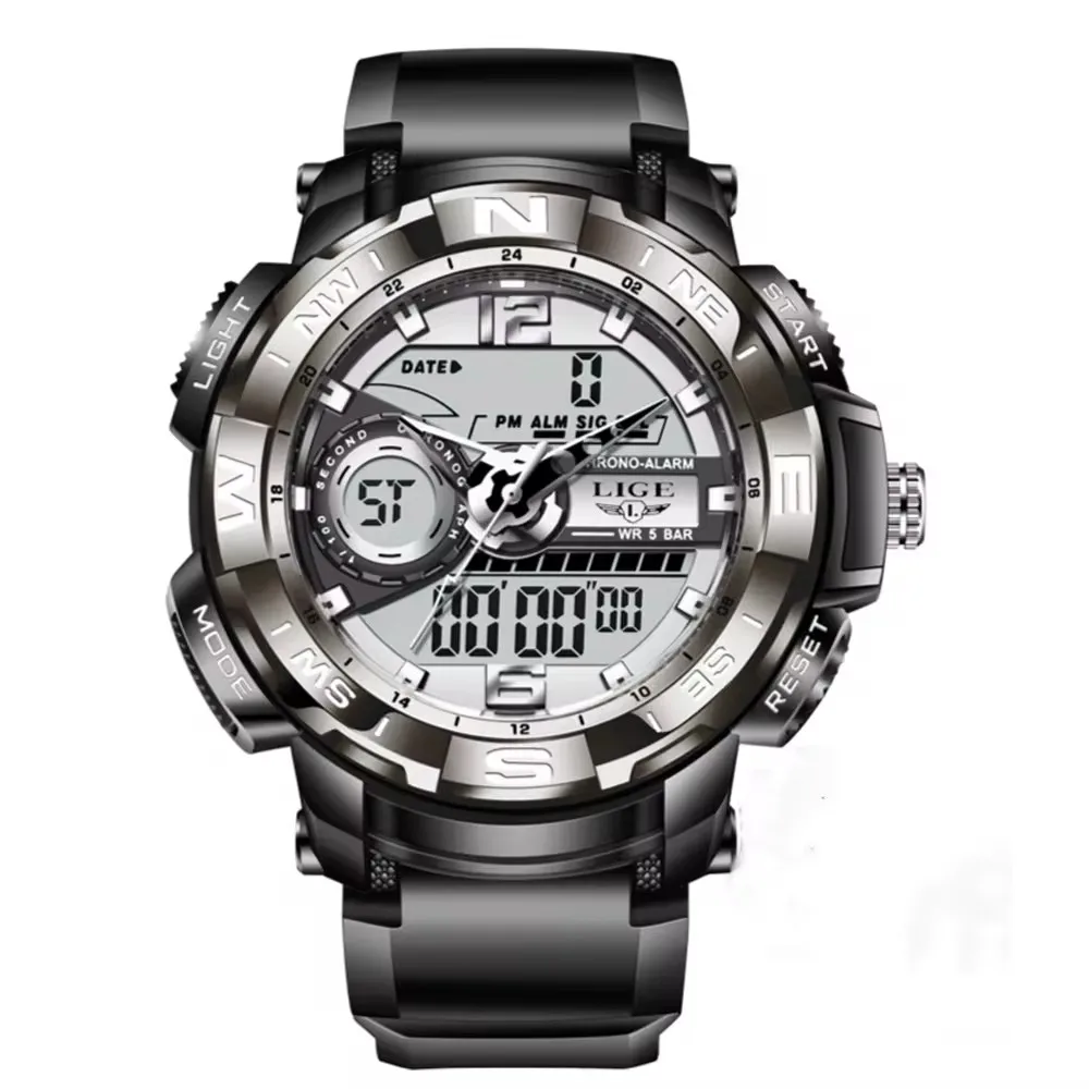LIGE 8946 Men Watch Top Brand Luxury Fashion Dual Display Wristwatch Analog Digital Sports Waterproof Clock Relogio Masculino