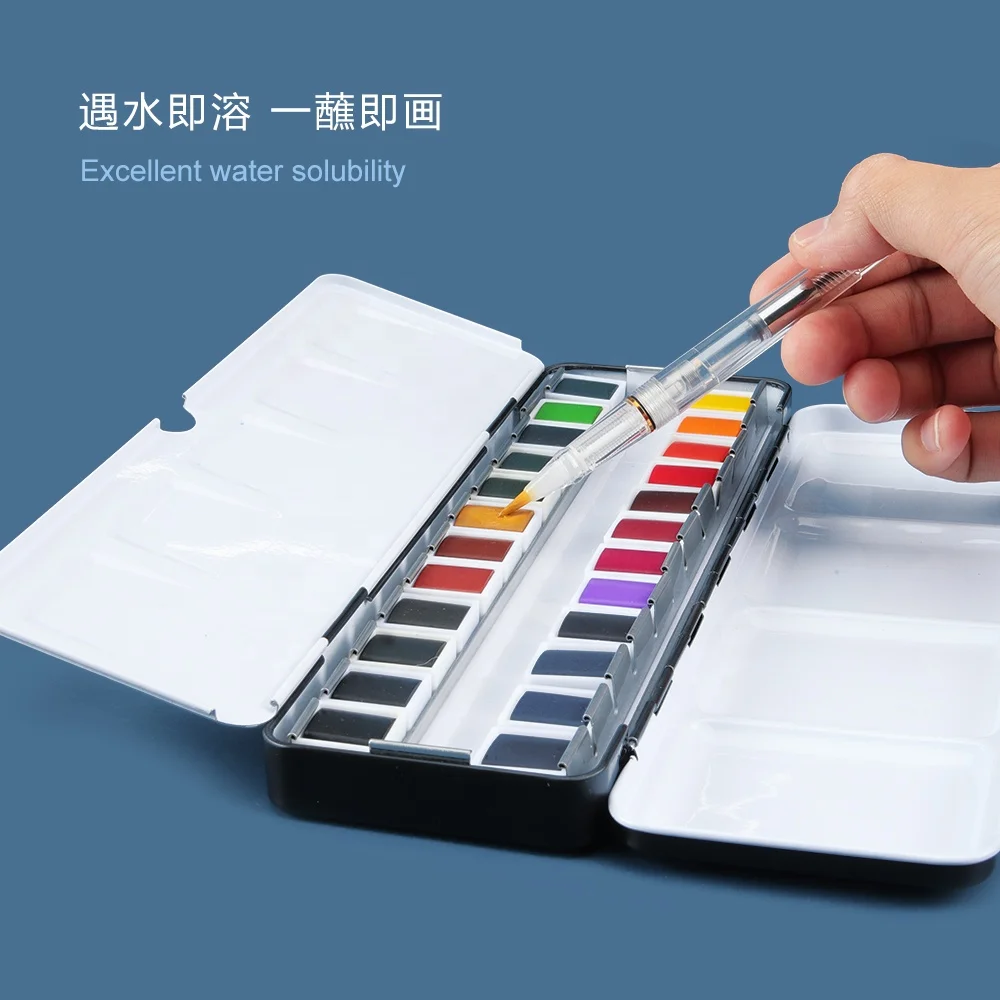 High Quality SeamiArt 24 Colors Professional Solid Watercolor Half Pan Tin Box set