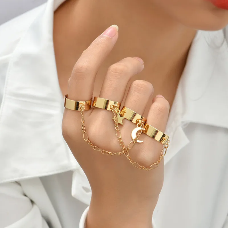 Simple Heart Pendant Chain Bracelet Link Connected Gold plated Wide Finger Ring Bracelets for Women Link Hand Harness Jewelry