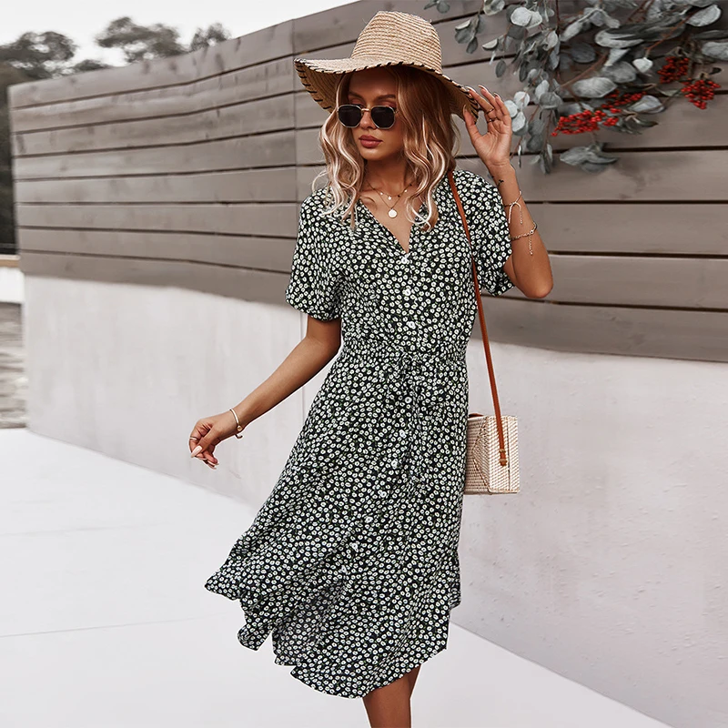 Wholesale Clothing Summer Clothes Ladies Button Down Short Sleeve Turn-Down Collar Midi Floral Print Dresses With Belt