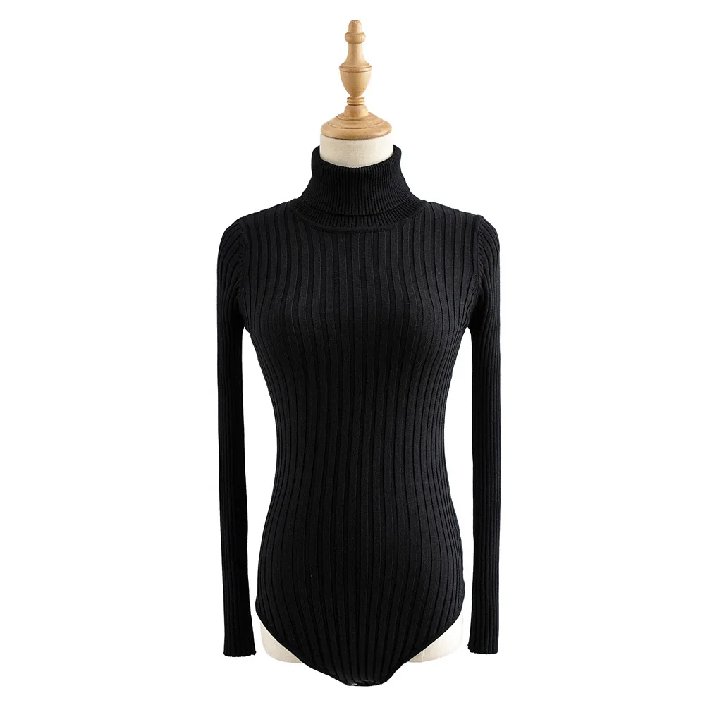Wholesale Ladies Clothing Pure Color Long Sleeve Ribbed High Neck Bodysuit Women