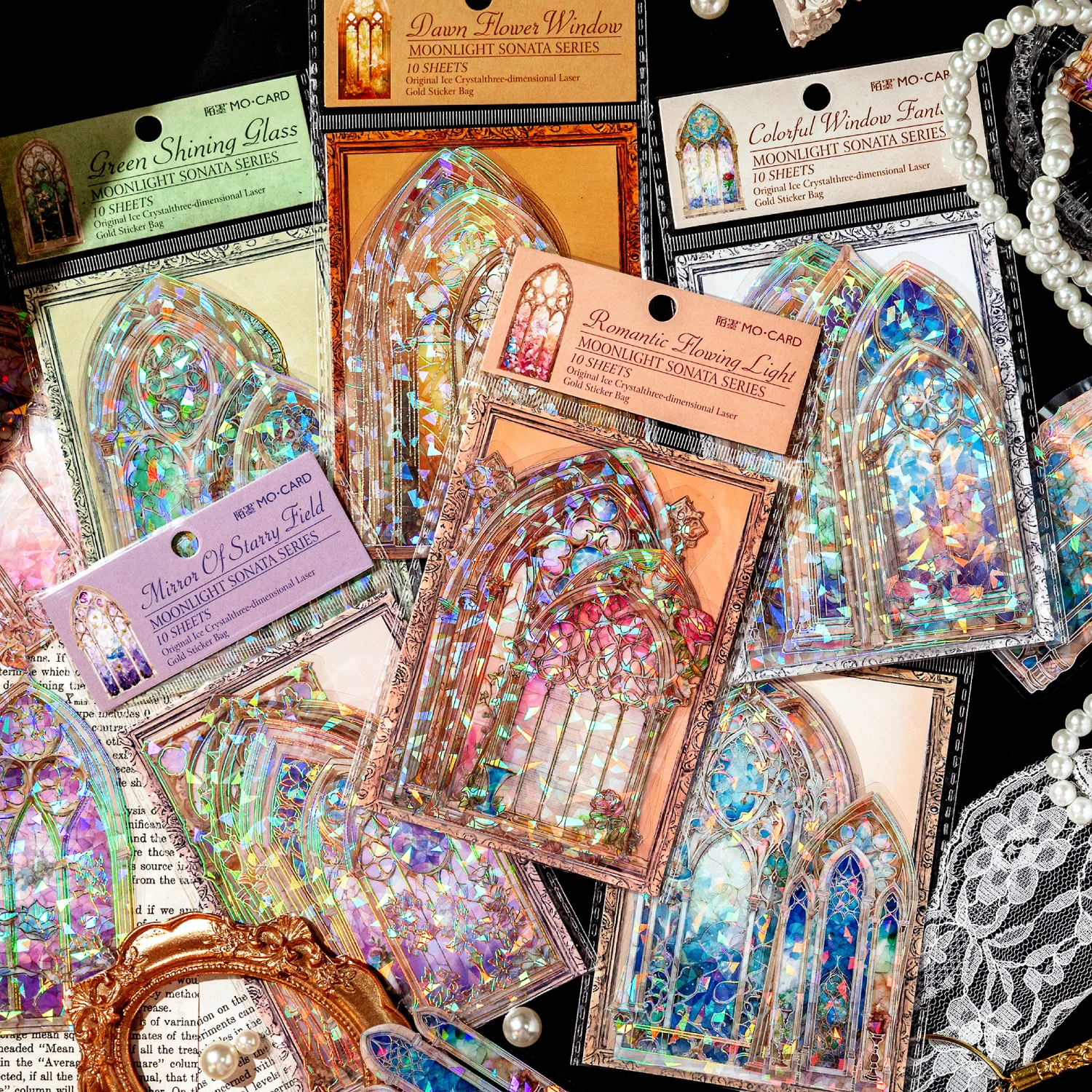 Mr. Paper 6 Design 10 Pcs / Set PET Moonlight Window Stickers Laser Vintage Crystal Decoration Stickers Pack for Diary Scrap