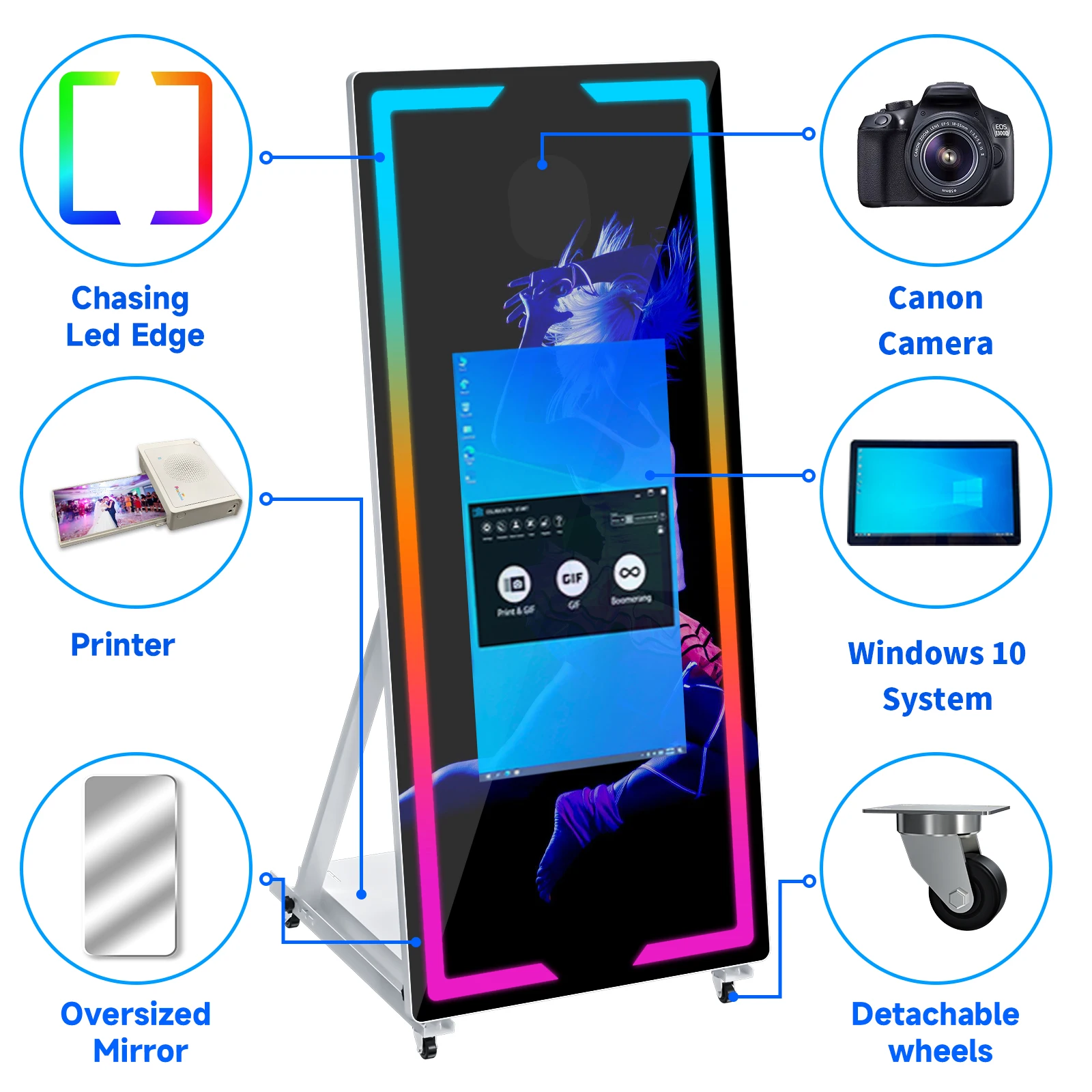 Led metal frame selfie 45/65inch flash light magic mirror photo booth touch screen machine with camera and printer for event