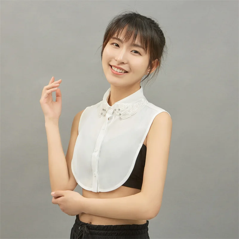 Customize Half Shirt Art Embroidered Pearl Beaded Detachable Fake Collar For Women