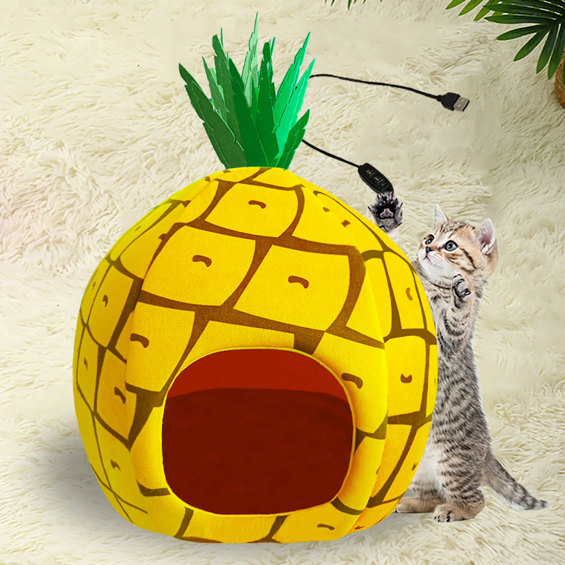 Timing Setting Ajustable Heated Cute Monster Soft Plush Pet House Warm Cozy Cat Bed Cave For Indoor Cats Large Cat Puppy