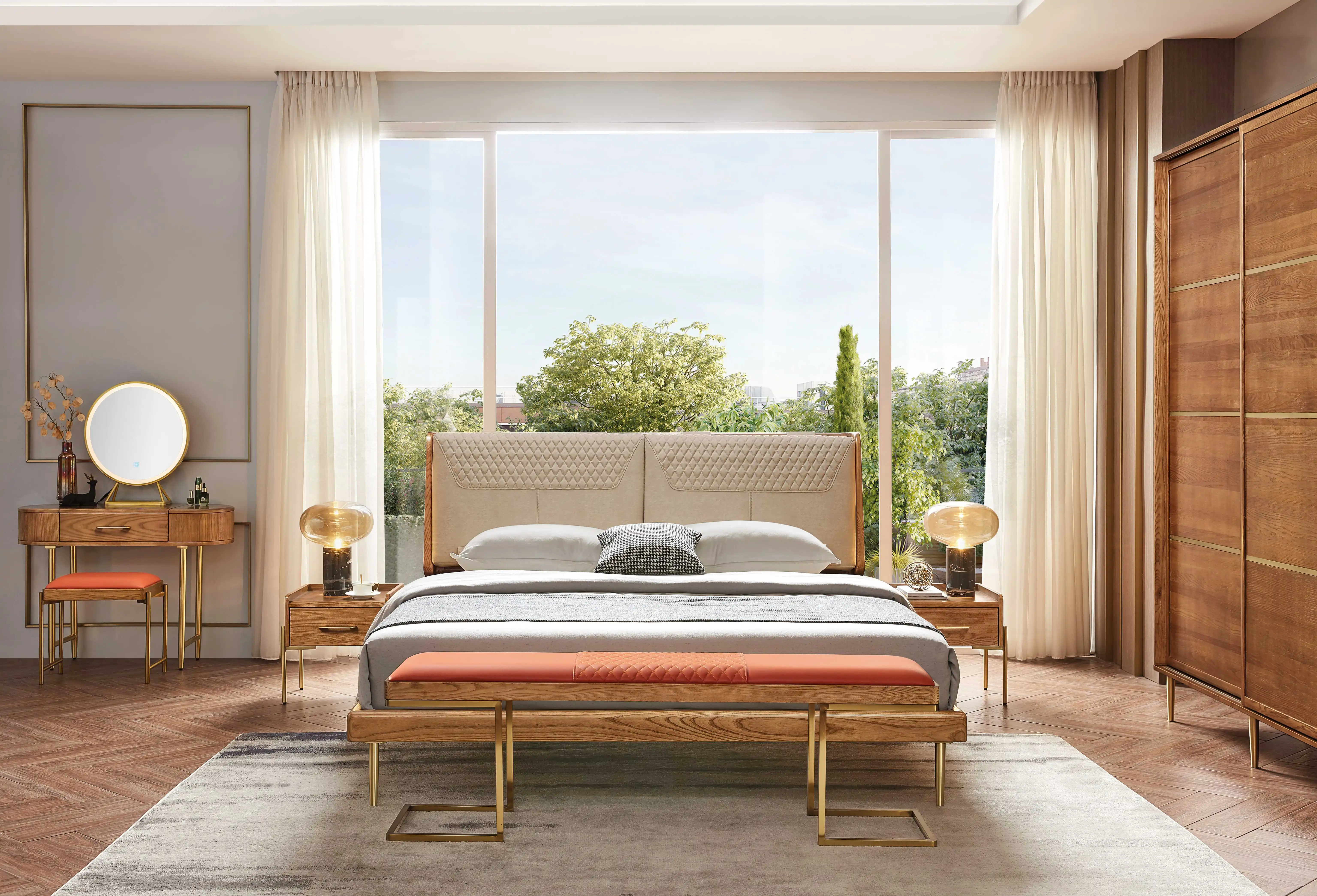 Stylish Furniture Solid Ash Wood Bedroom Furniture King Size Bed