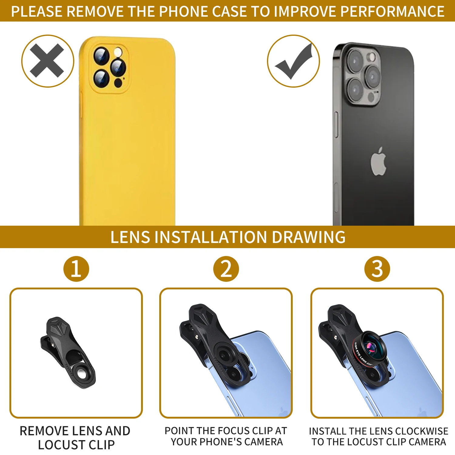 Pro Lens kit for iPhone and Android, macro and wide Angle lenses, with storage case and phone clip