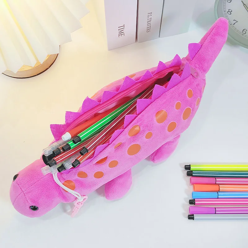 Creative Dinosaur Shaped Plush Pencil Case School Students Durable Cartoon Stationery Cases Larger Capacity Pencil Bag