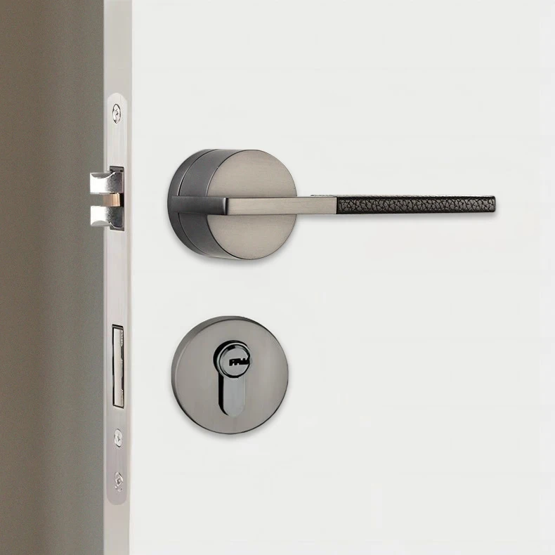 Internal Door Handle Lock Safety Interior Wood Door Lever Set Modern Black Leather Minimalist Zinc Alloy Door Handles