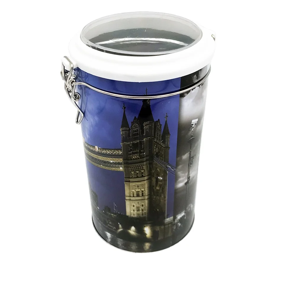 clasp round airtight tea tin with clear window