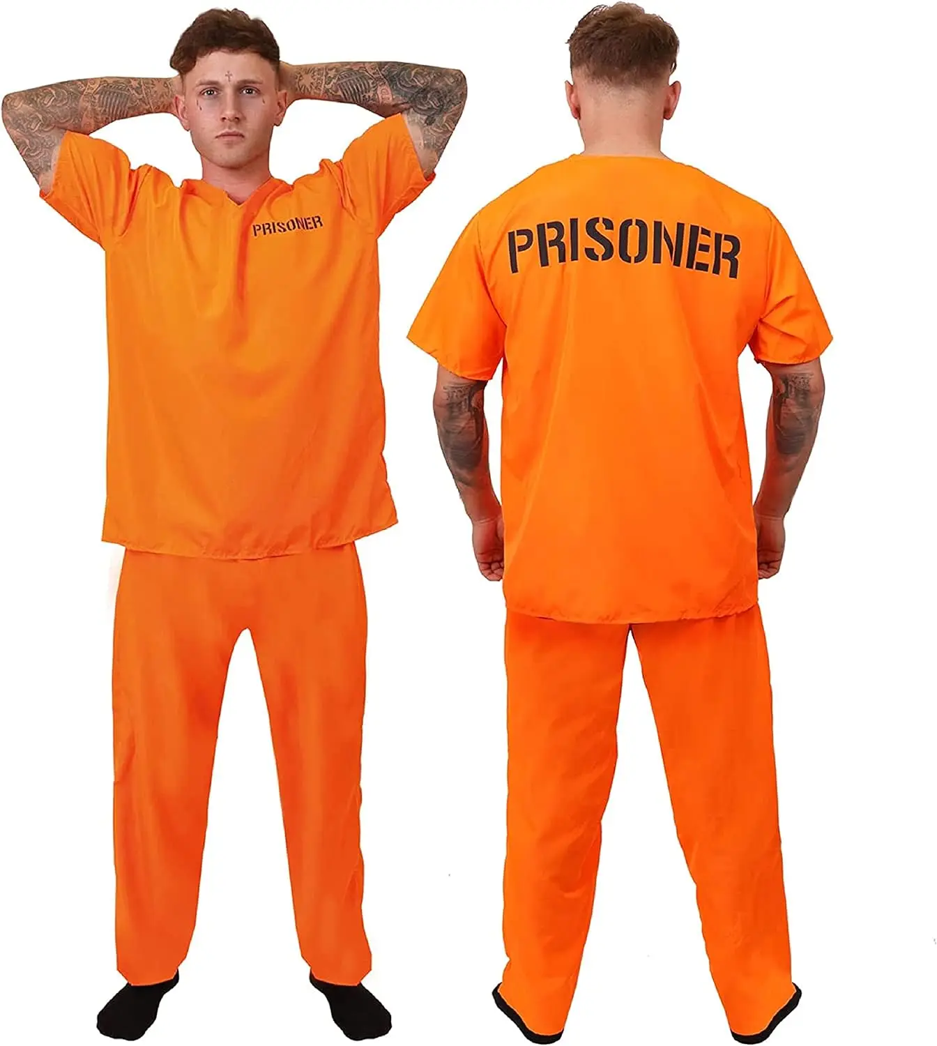 Adults Prisoners Convict Costume Orange Prisoner Top Matching Orange Trousers Cops & Robbers Halloween Fancy Dress Cosplay
