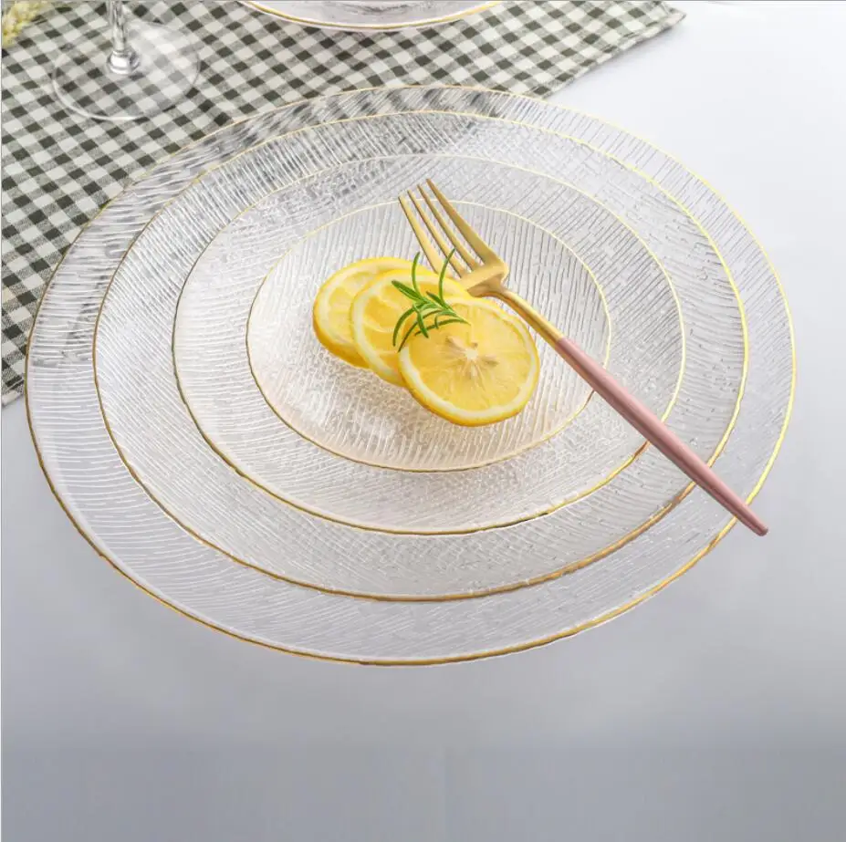 2021 Gold Wedding Glass Charger Plates Wholesale Dining Serving Dishes Event Party Under Plate with Gold Rim