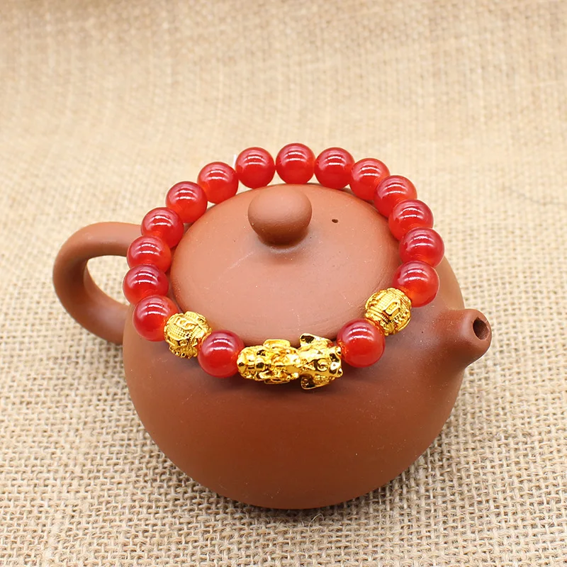 10mm Wholesale Green Jade Beads Good Luck Charm Bracelet Feng Shui Wealth PIXIU Gold Bracelet for Gift