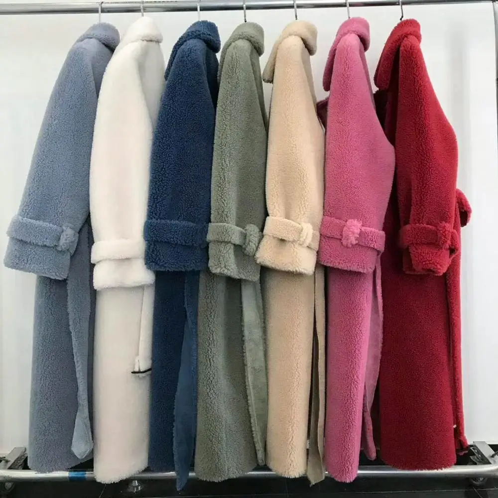 2019 Fashion Beige Navy Hot Pink Sheepskin Coat Shearling Lamb Fur Jacket Winter Women Girls