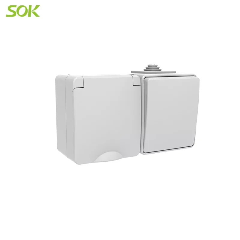 2 Way Light Switch and 2 Round Pin Power Outlet with Shutter Surface Mounted Horizontal Type Wall Electrical Switch Sockets Eu