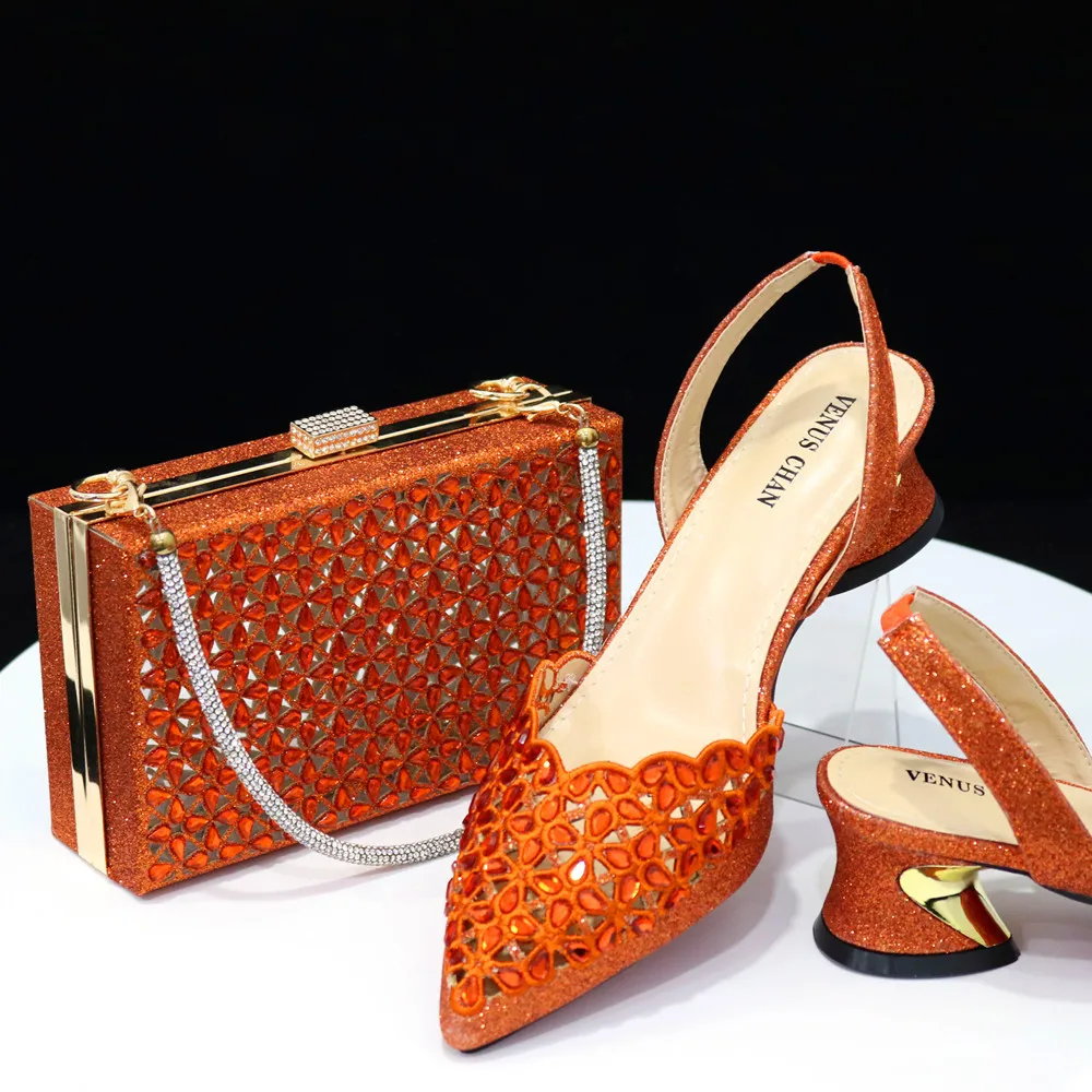 Summer African Wedding Italian Orange Matching Wedge Shoes And Bag Set Women For Party