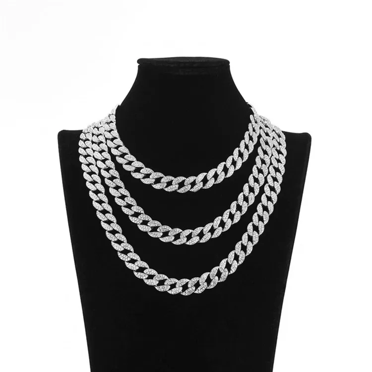 Hip Hop 15MM Bling Iced Out Cuban Link Chain Necklace Set Full Diamond Bling Choker Jewelry