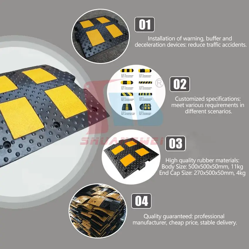 Car Roadway Heavy Duty Warning Pedestrian Crossing Surface Mount Vehicle Driveway Square Rubber Speed Hump For Limit Parking