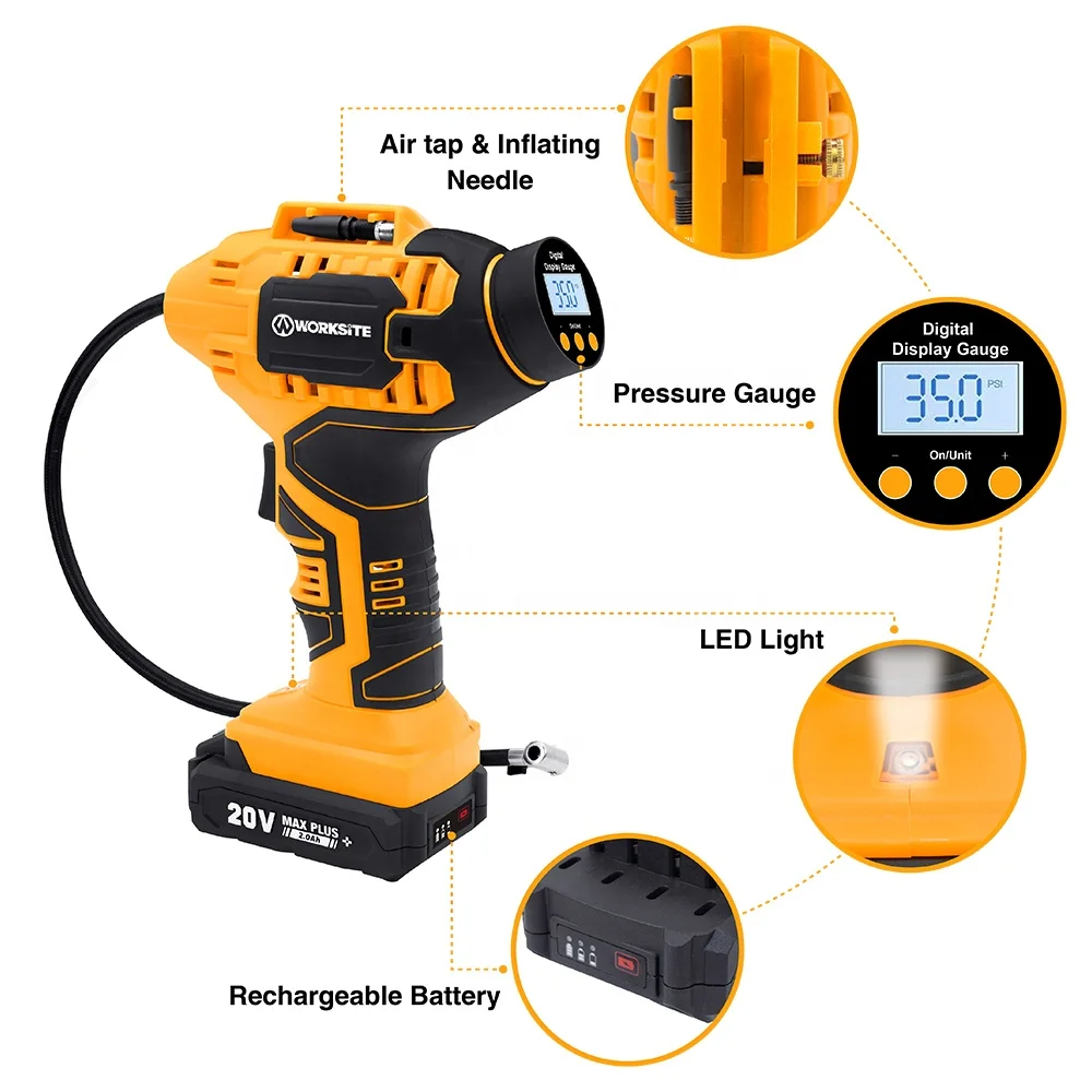 WORKSITE Inflator Air Pump 12V/20V Battery Power Gauge Gun Car Tyre Airbag Balloon Portable Cordless Digital Auto Tire Inflator