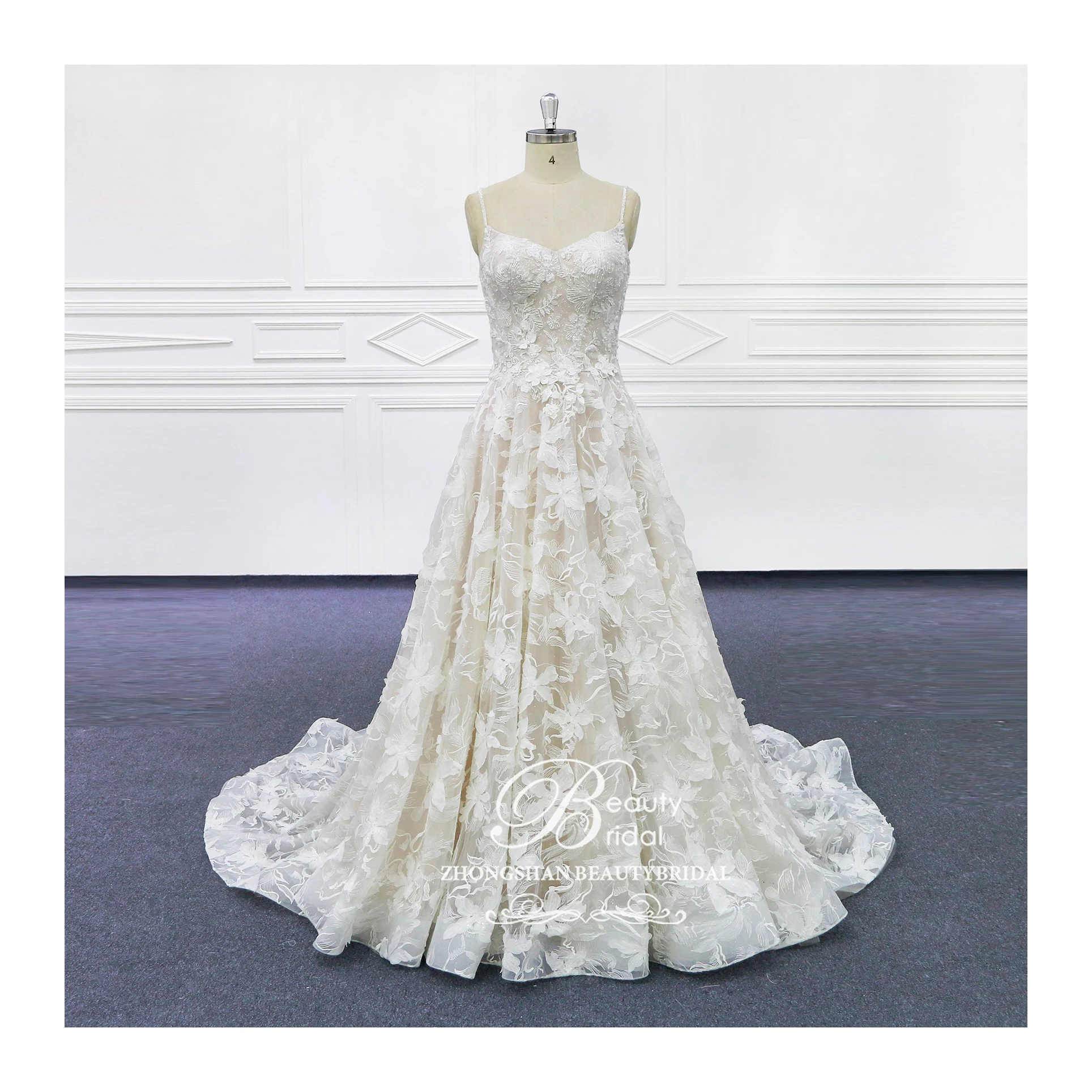 Свадебные платья 3D цветок кружева аппликация платье трапециевидная юбка Роскошная спагетти ремень