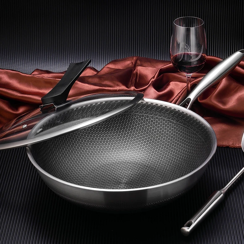 Hot Sale Stainless Steel Wok Pan Non-stick Frying Honeycomb Coating Woks with Visible Glass