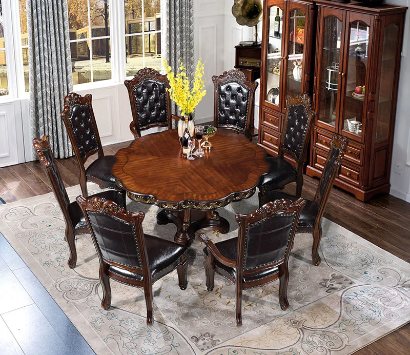 American Design Round Solid Wood Frame Modern Dinner Table Luxury Dining Room Table Set  for 8 Chairs