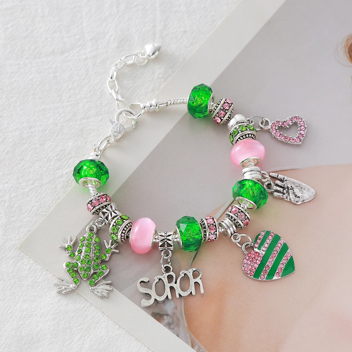 Factory Directly Sale Fancy Designer Sorority Alpha Inspired Charms Pink And Green Beads Making Fashion IVY Sorority Bracelet