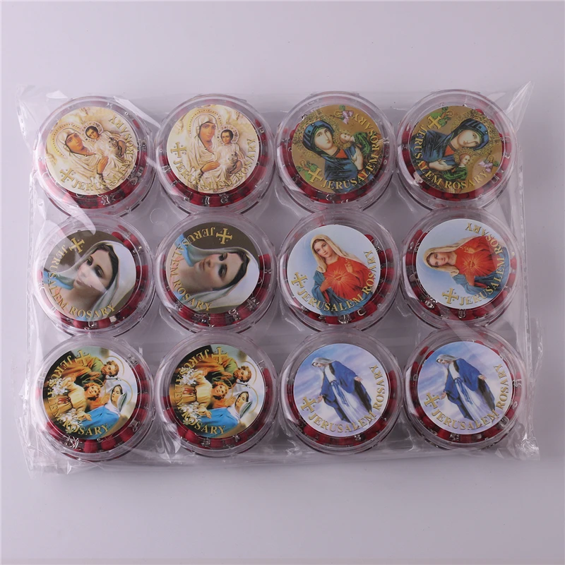 Religious Catholic Jewelry Charm Pendant Chain Necklaces 6mm Rose Scented Red Wooden Beads Rosary with Virgin Mary Box