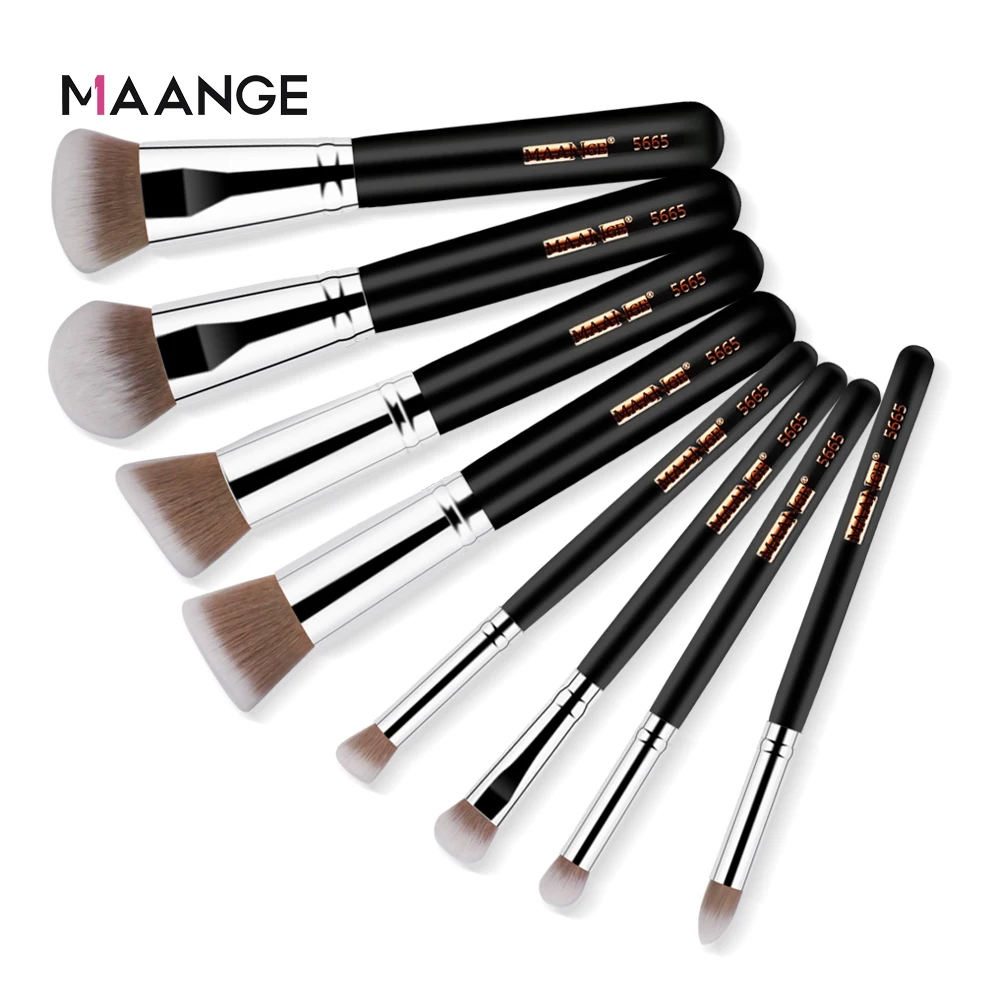 Maange Private Label Wholesale 8 pcs Wood Handle Brow Makeup Foundation Brush Vegan Makeup Brushes