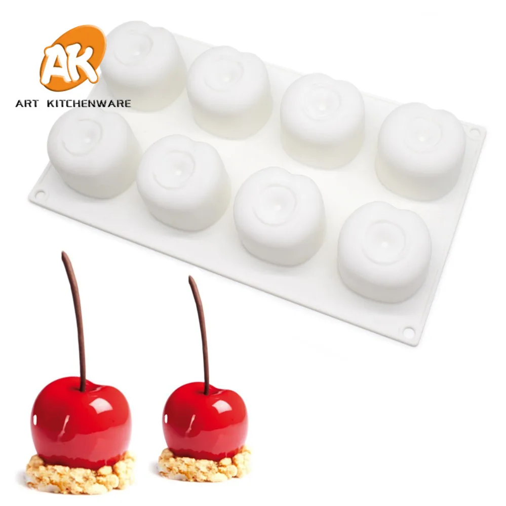 AK Wholesale 8 Cavity Apple Cherry 3D Silicone Cake Molds Mousse Mould for Bakery Bakeware Fruit Food Grade Chocolate Mold MC-50