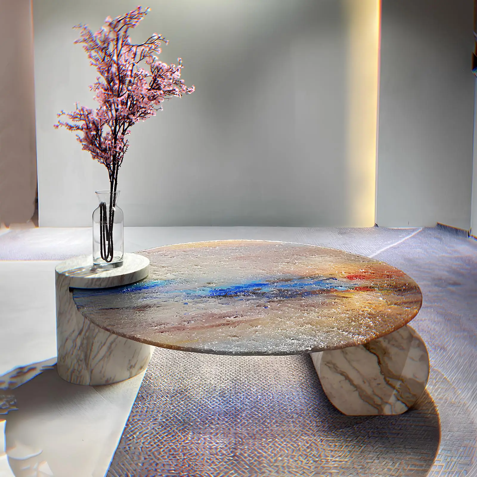 Newly Designed  Colorful Coffee Table Luxury Art Glass Top Stone Base Round Table