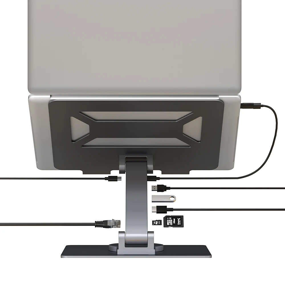 360 degree rotating aluminium adjustable laptop stand with USB hub for HDMI RJ45 ethernet docking station