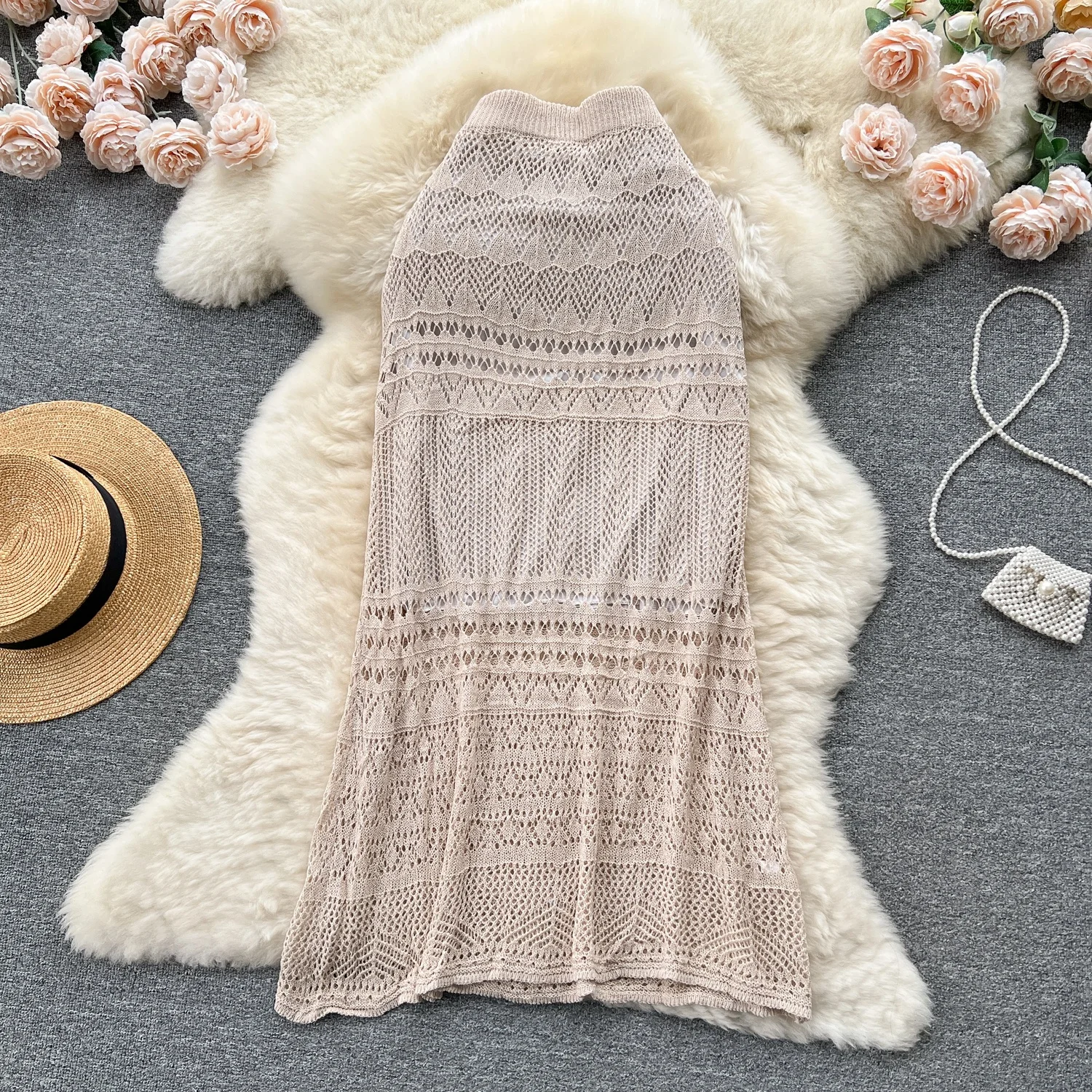New Fashion Summer Slim Hollow Crochet French Long Knit Skirt