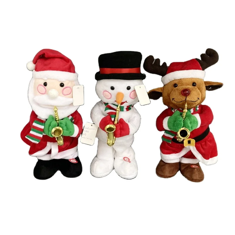 Christmas electric plush toy deer snowman Santa Claus  dance with saxophone music and lights stuffed toy pretty Christmas gifts