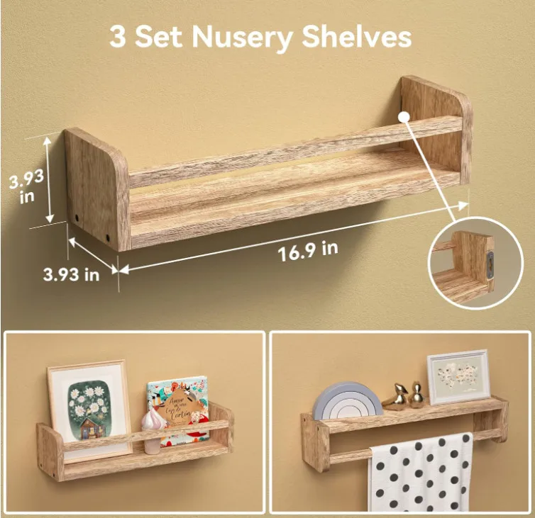 Set Of 3 Simple Yet Chic Kids Room Wall Mounted Nursery Bookshelf Wood Floating Shelves Kids Bedroom Toddler Room Decor