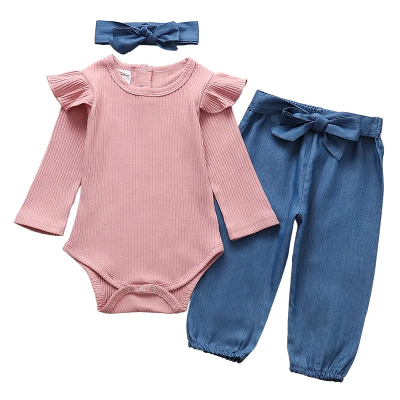 Oeko Ribbed Knitted Fabric Infant Lounge wear Autumn Toddler Bamboo Romper Baby Clothes Custom Baby Girl Set Clothes 2pcs