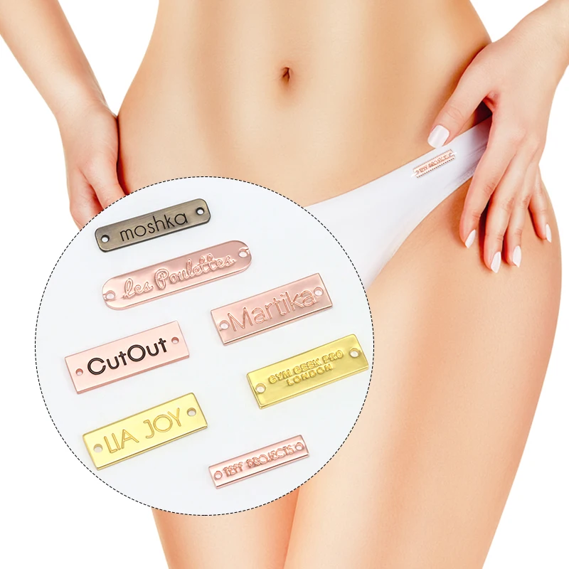 Custom Swimsuit Accessories Fancy Engraved Antique Brass Plating Alloy Sewing Metal Logo Labels for Swimwear for bag /clothing