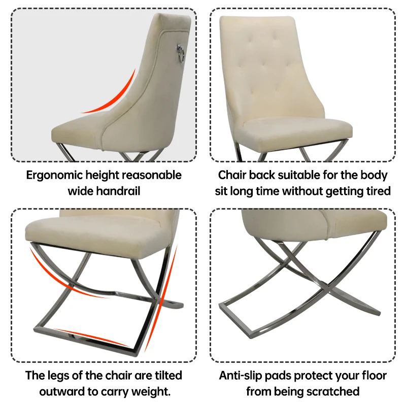 High Back Velvet Fabric Home Furniture Dining Room Chair Gold Stainless Steel Metal Legs Leisure Dining Chair