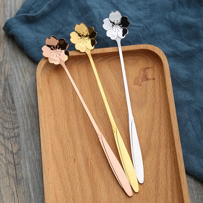 Flower Shape Tea Stirring Spoon Stainless Steel Long Handle Rose Gold Dessert Coffee Spoon
