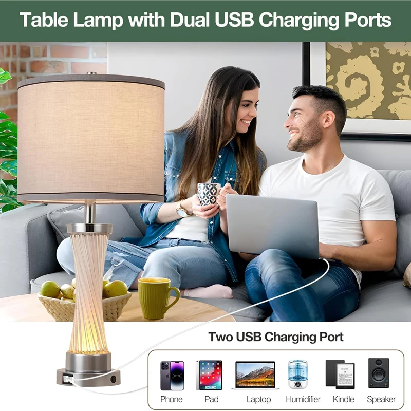 Modern Crystal Table Lamp 2-Piece Set 3-Way Dimmable Touch Control USB A+C Port Fabric Lampshade Bedroom Living Room Bedside