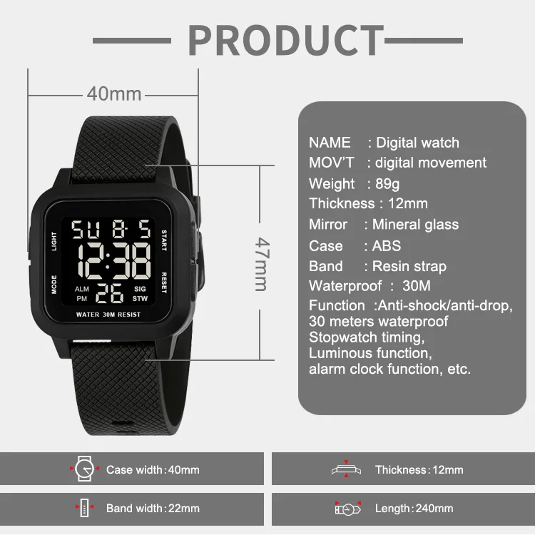 Sports Alarm Clock Auto Date chronograph china Complete Calendar  Water Resistant square digital watches