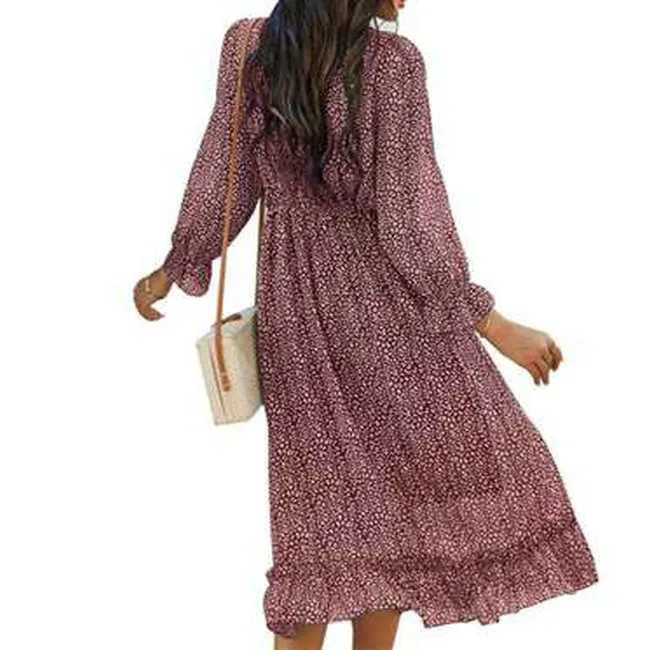 Летнее платье с глубоким v-образным вырезом, шифоновое платье с открытой спиной и цветочным принтом, женские повседневные платья с длинным рукавом