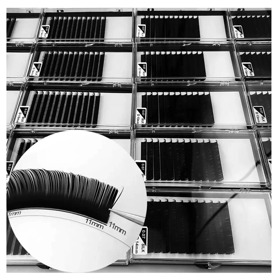 Free Sample C CC D DD Curl 0.07 mm Thickness Mix Length Korea PBT Fibre Flat Private Label Black Eye Lashes Eyelashes Extension