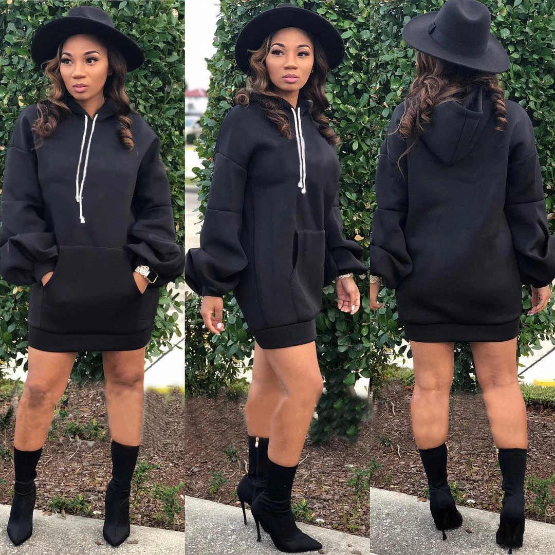 
Bunny BN-A8270 plain hoodie dress with casual loose puff sleeves womens hoodies woman dress 