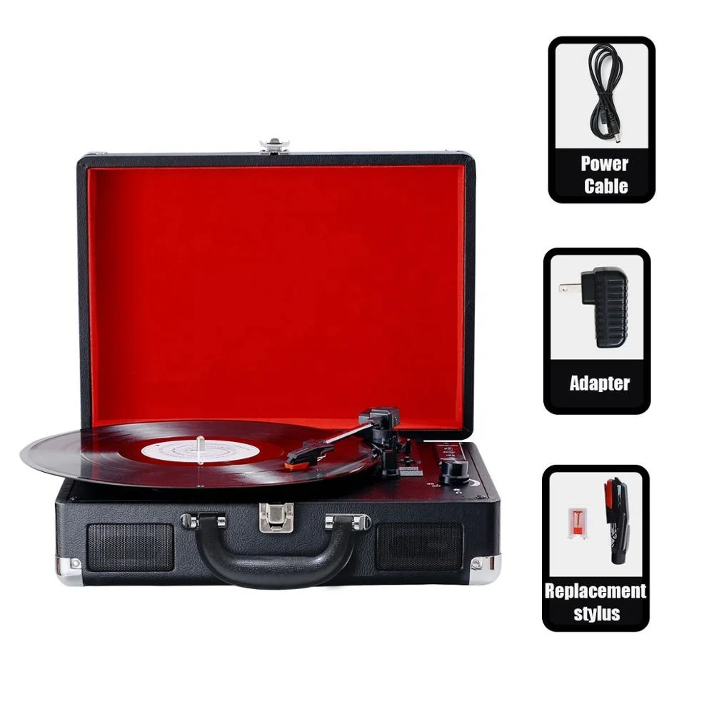 Manufacture wholesale portable turntable gramophone black luggage wireless record player
