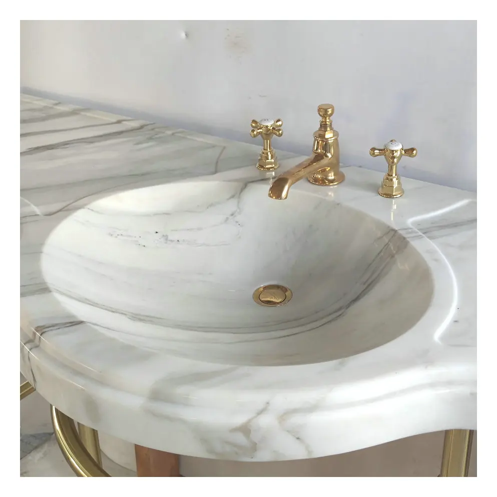 Bathroom Vanity Top with Integral Sink Natural Calacatta Gold Marble Countertops with Brass Stand Set