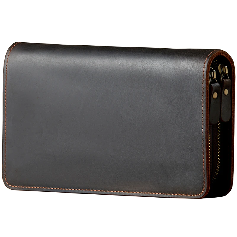 Vintage Genuine Leather Double Zipper Handbag Men Crazy Horse Leather Clutch Long Wallet Cowhide Leather Business Card Holder