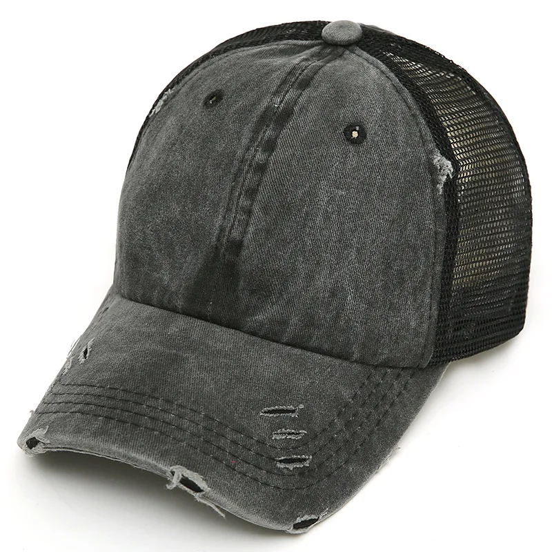 2024 new arrival womens ponytail washing cotton vintage old looks mesh baseball cap with custom logo
