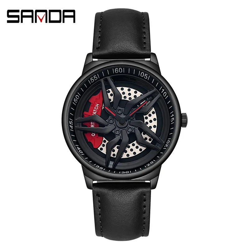 SANDA P1062 Wristwatch Car Wheel Watch Japan Movt Stainless Steel Back Power Rotating Wheel Car Quartz Watches Men Wrist